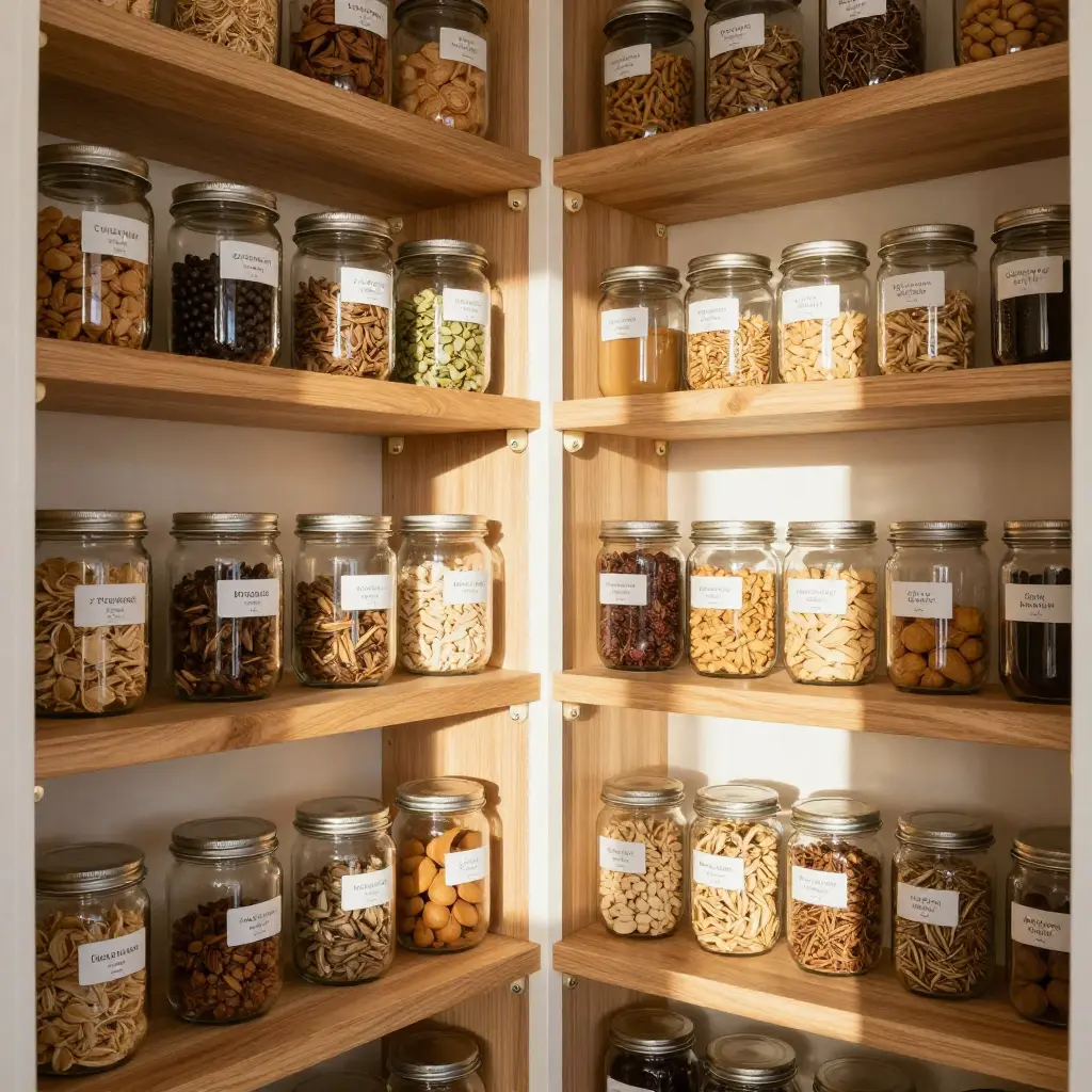 Perfectly organised walk-in pantry with glass jars on oak shelves