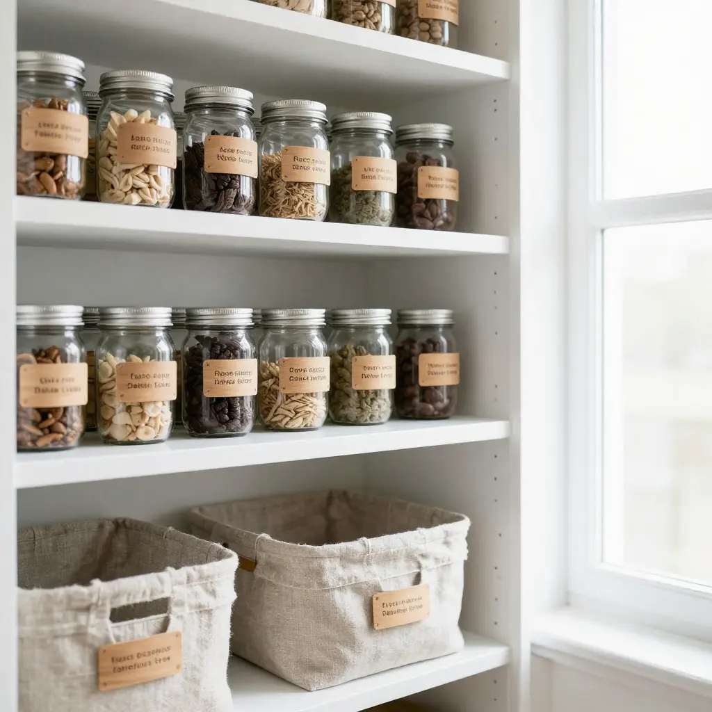 Organised pantry with glass jars and natural lighting